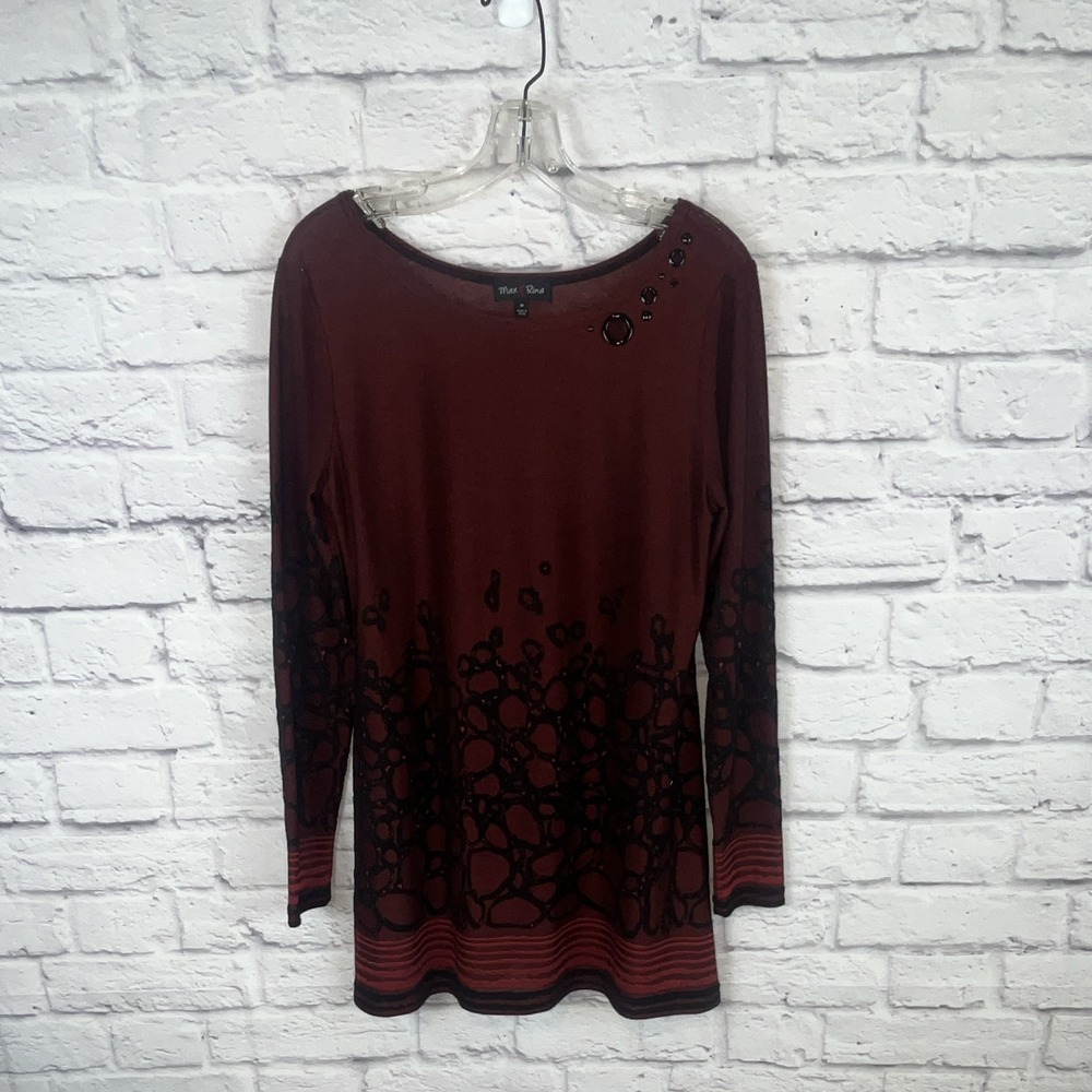 Max & Rina Boho Indie Burgundy Black Stretch Semi Sheer Tunic Top Size M Artsy